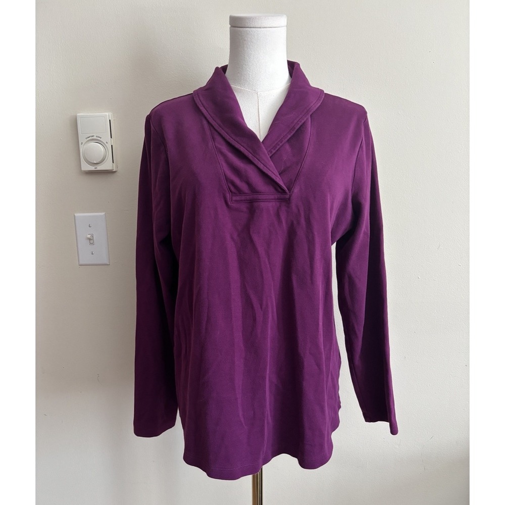 LL Bean Womens Large Sweatshirt Pullover Top Purple V Neck Collar Outdoor Cotton